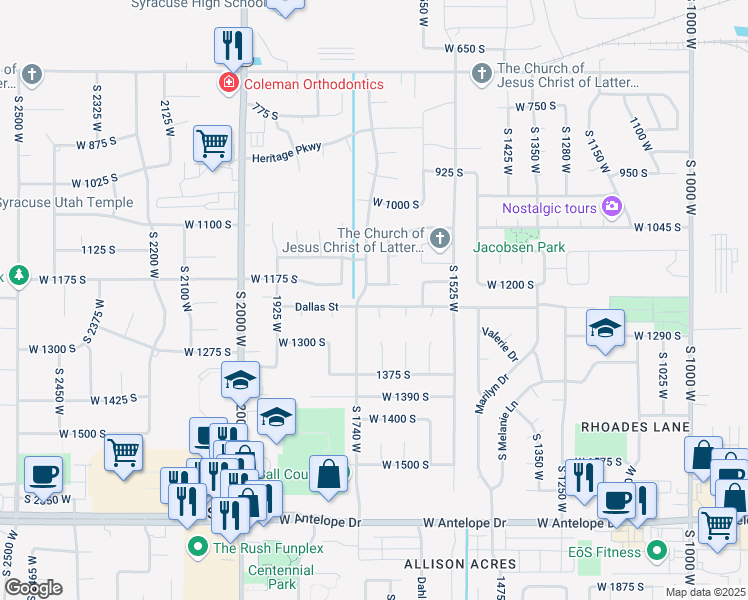 map of restaurants, bars, coffee shops, grocery stores, and more near 1163 Banbury Drive in Syracuse