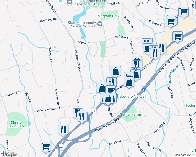 map of restaurants, bars, coffee shops, grocery stores, and more near 100 Richards Avenue in Norwalk