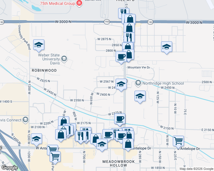 map of restaurants, bars, coffee shops, grocery stores, and more near 2567 North Hill Field Road in Layton