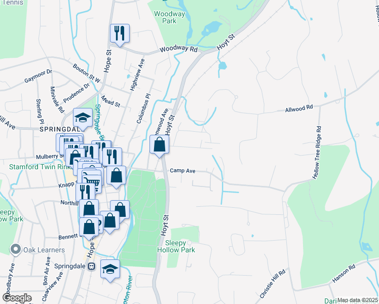 map of restaurants, bars, coffee shops, grocery stores, and more near 30 Wakemore Street in Darien