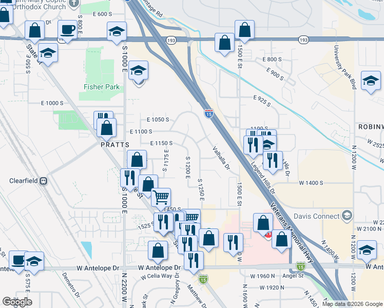 map of restaurants, bars, coffee shops, grocery stores, and more near 1149 South 1200 East in Clearfield