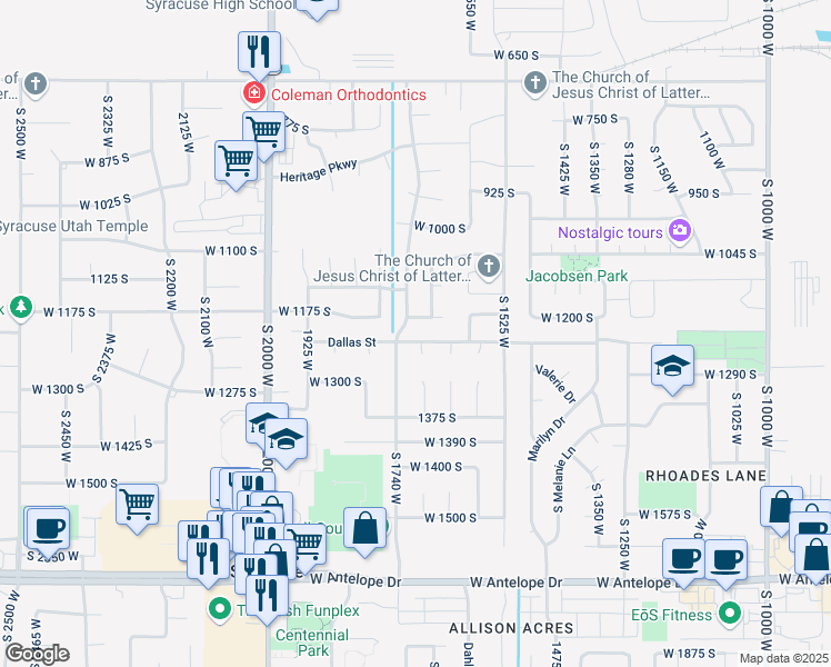 map of restaurants, bars, coffee shops, grocery stores, and more near 1163 Banbury Drive in Syracuse
