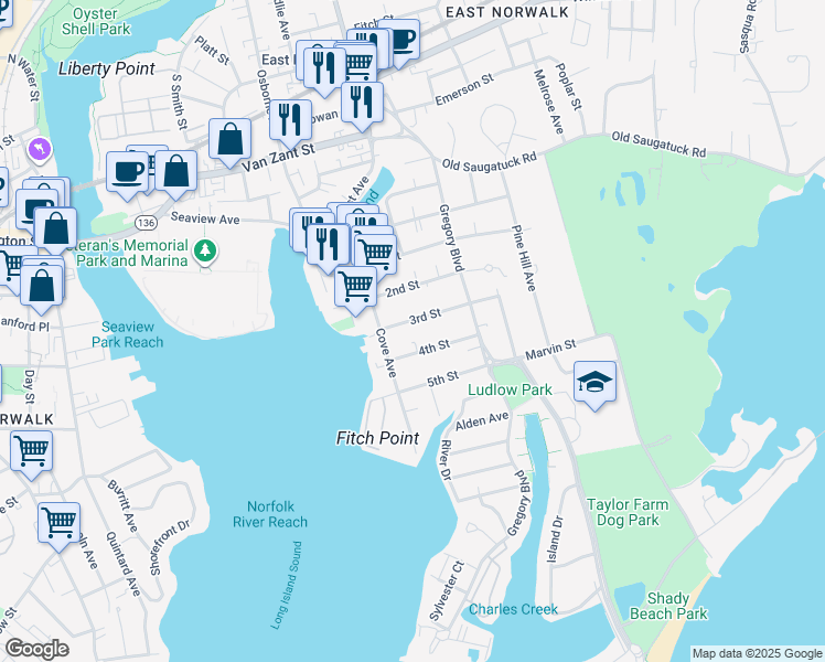 map of restaurants, bars, coffee shops, grocery stores, and more near 5 3rd Street in Norwalk