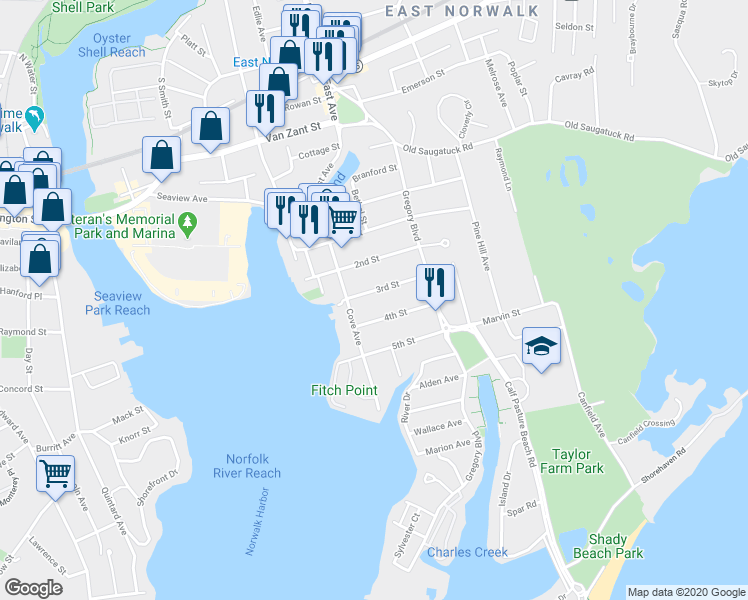 map of restaurants, bars, coffee shops, grocery stores, and more near 5 3rd Street in Norwalk