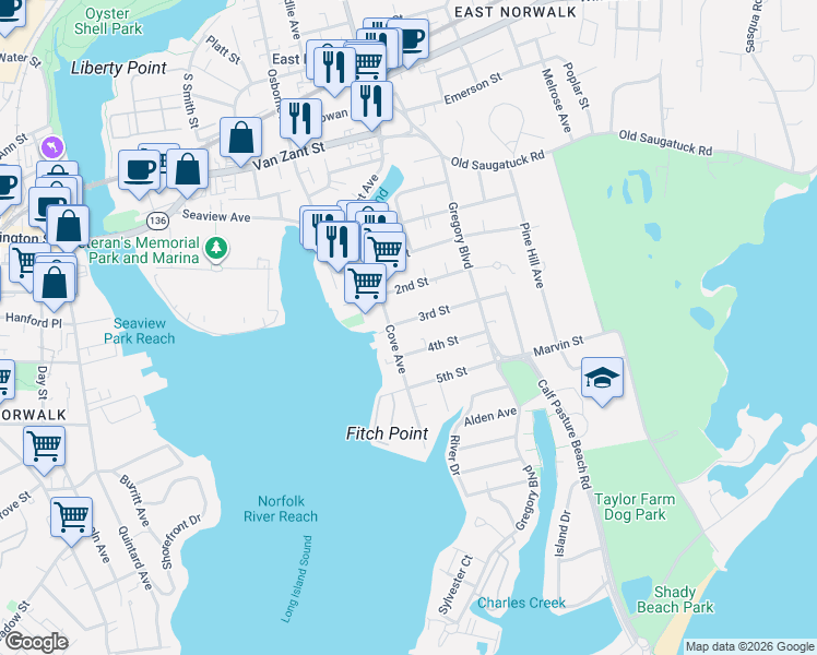 map of restaurants, bars, coffee shops, grocery stores, and more near 5 3rd Street in Norwalk