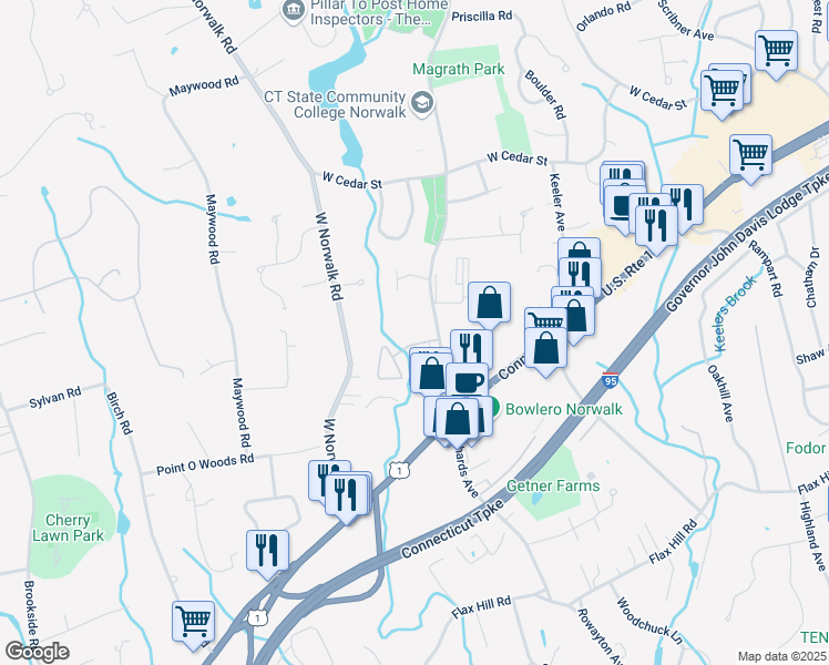 map of restaurants, bars, coffee shops, grocery stores, and more near 100 Richards Avenue in Norwalk