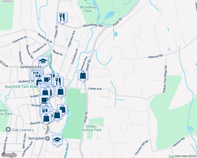 map of restaurants, bars, coffee shops, grocery stores, and more near 30 Wakemore Street in Darien