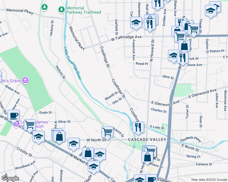 map of restaurants, bars, coffee shops, grocery stores, and more near 236 Cuyahoga Street in Akron