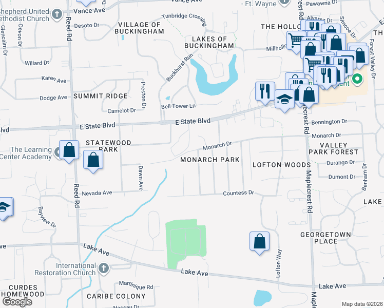 map of restaurants, bars, coffee shops, grocery stores, and more near 2137 Pinnacle Court in Fort Wayne
