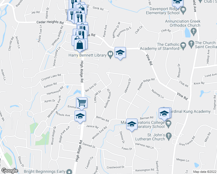 map of restaurants, bars, coffee shops, grocery stores, and more near 103 Rolling Wood Drive in Stamford