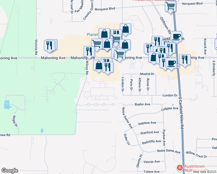 map of restaurants, bars, coffee shops, grocery stores, and more near 5942 Callaway Circle in Austintown