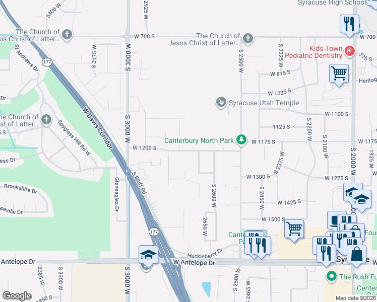 map of restaurants, bars, coffee shops, grocery stores, and more near 2935 West 1200 South in Syracuse