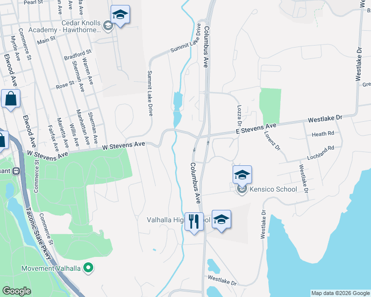 map of restaurants, bars, coffee shops, grocery stores, and more near 375 Columbus Avenue in Valhalla
