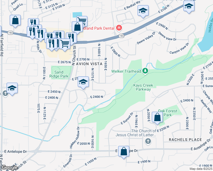 map of restaurants, bars, coffee shops, grocery stores, and more near 1660 East 2550 North in Layton