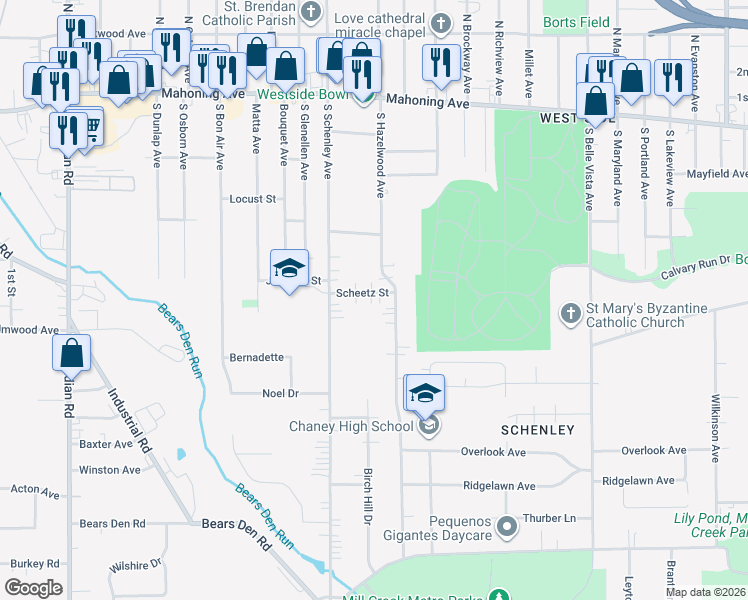 map of restaurants, bars, coffee shops, grocery stores, and more near 2634 Scheetz Street in Youngstown