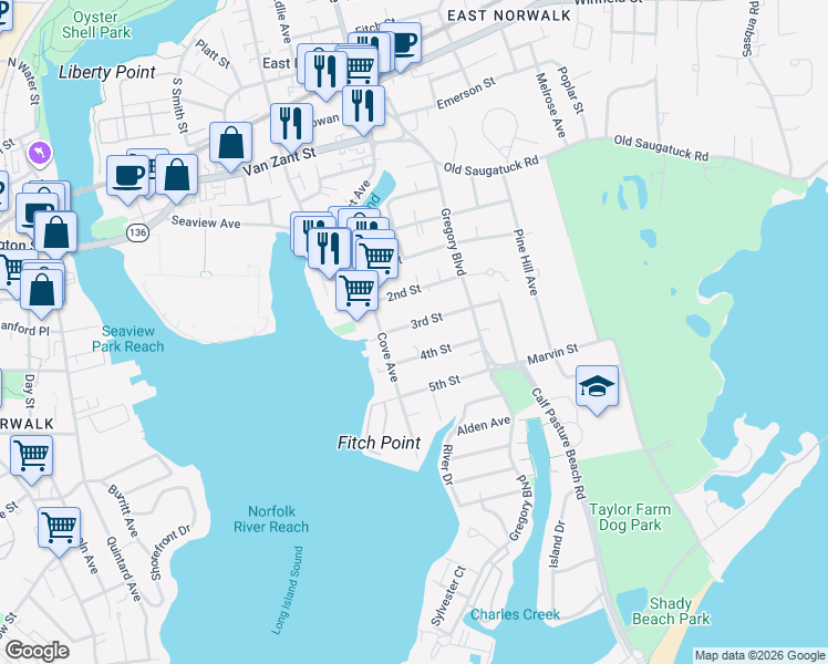 map of restaurants, bars, coffee shops, grocery stores, and more near 5 3rd Street in Norwalk