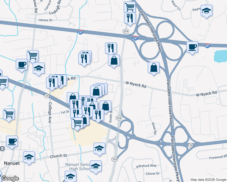 map of restaurants, bars, coffee shops, grocery stores, and more near 135 West Nyack Road in Nanuet