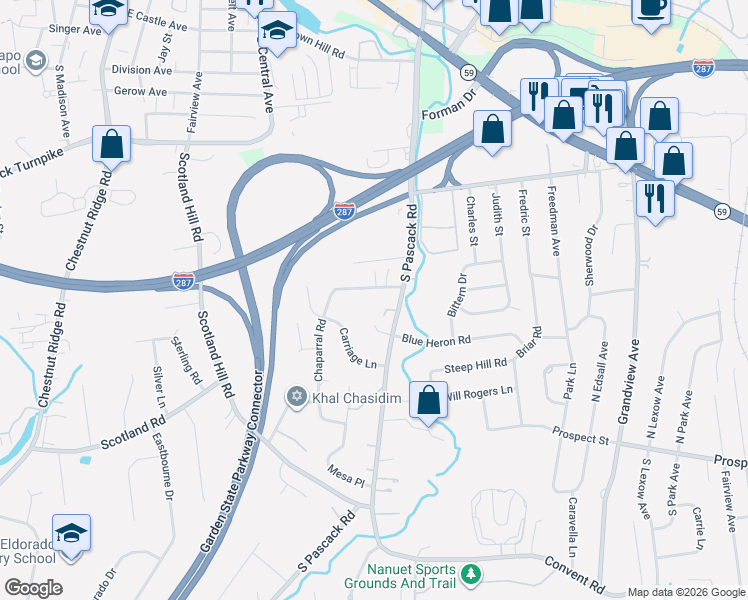 map of restaurants, bars, coffee shops, grocery stores, and more near 1 Morgan Court in Nanuet