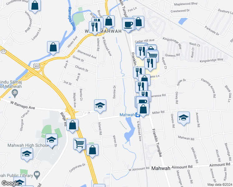 map of restaurants, bars, coffee shops, grocery stores, and more near 11 Devine Drive in Mahwah