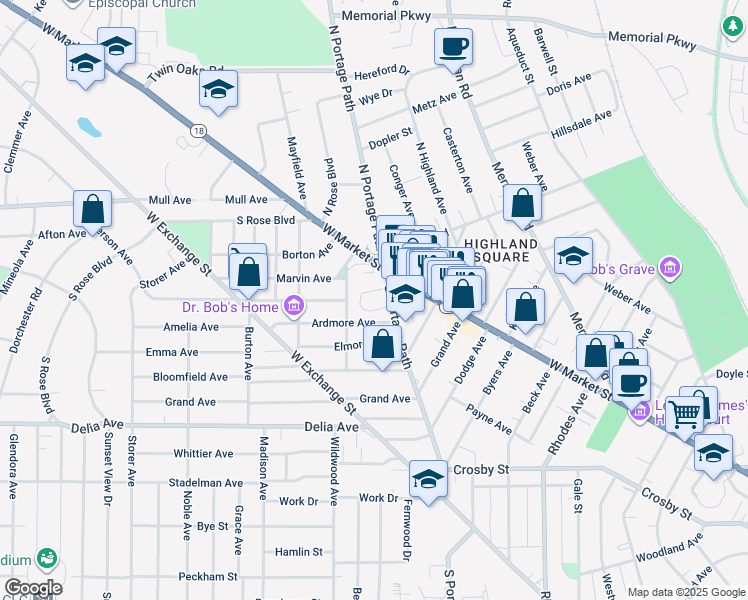 map of restaurants, bars, coffee shops, grocery stores, and more near in Akron