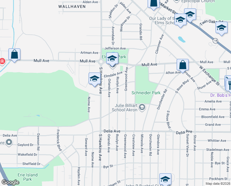 map of restaurants, bars, coffee shops, grocery stores, and more near 417 Roslyn Avenue in Akron