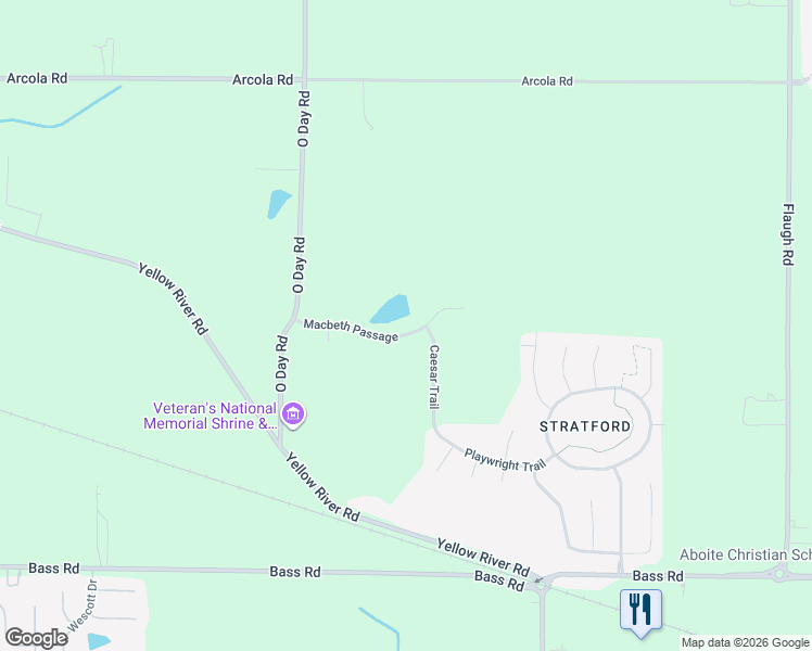 map of restaurants, bars, coffee shops, grocery stores, and more near 2420 O Day Road in Fort Wayne