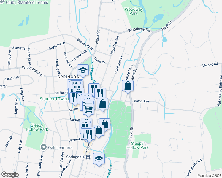 map of restaurants, bars, coffee shops, grocery stores, and more near 5 Columbus Place in Stamford
