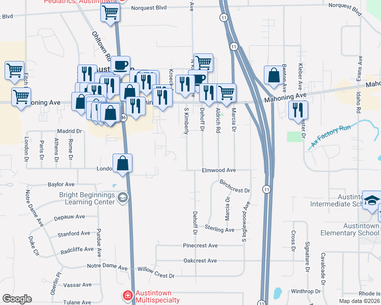 map of restaurants, bars, coffee shops, grocery stores, and more near 127 South Kimberly in Austintown