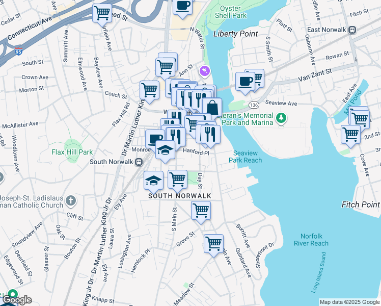 map of restaurants, bars, coffee shops, grocery stores, and more near 10 Hanford Place in Norwalk