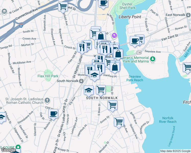 map of restaurants, bars, coffee shops, grocery stores, and more near 10 Monroe Street in Norwalk