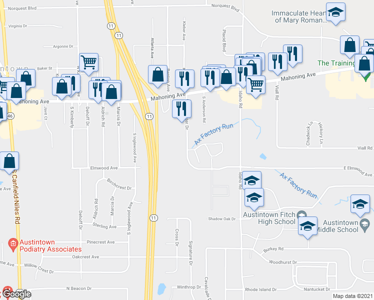map of restaurants, bars, coffee shops, grocery stores, and more near 329 Westchester Drive in Austintown