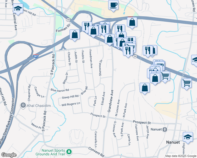 map of restaurants, bars, coffee shops, grocery stores, and more near 58 Sherwood Drive in Nanuet