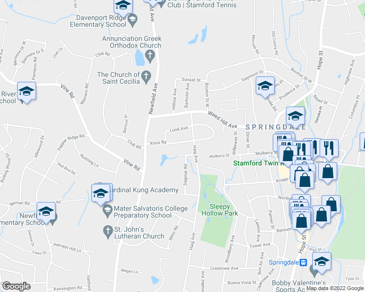 map of restaurants, bars, coffee shops, grocery stores, and more near 72 Knox Road in Stamford