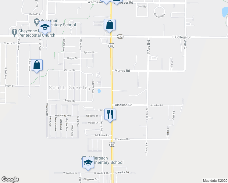 map of restaurants, bars, coffee shops, grocery stores, and more near 2303 South Greeley Highway in Cheyenne