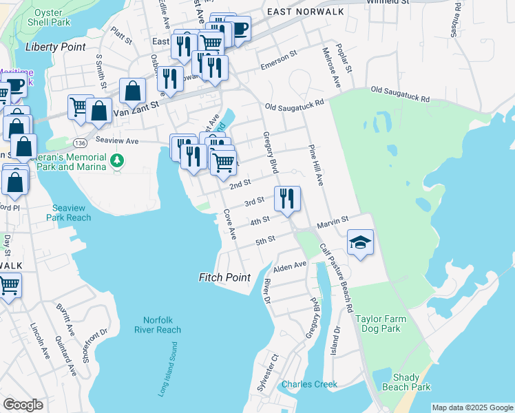 map of restaurants, bars, coffee shops, grocery stores, and more near 21 3rd Street in Norwalk