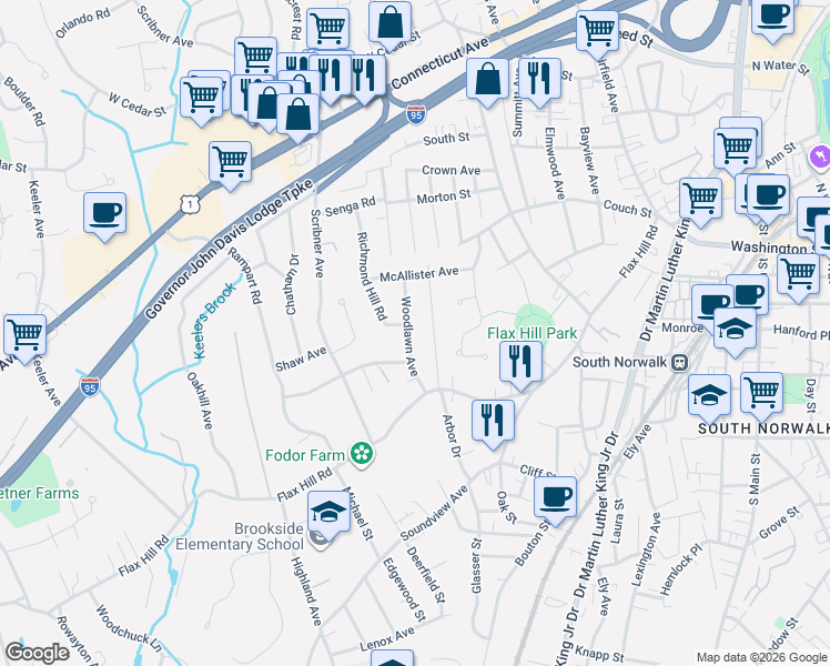 map of restaurants, bars, coffee shops, grocery stores, and more near 24 Woodlawn Avenue in Norwalk