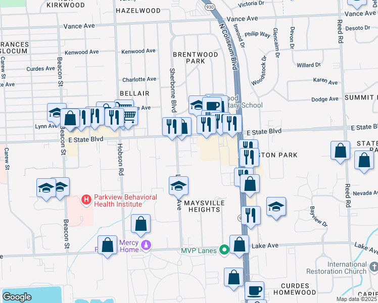 map of restaurants, bars, coffee shops, grocery stores, and more near 3812 East State Boulevard in Fort Wayne