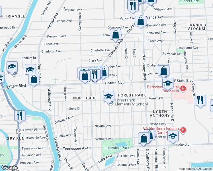 map of restaurants, bars, coffee shops, grocery stores, and more near 2309 California Avenue in Fort Wayne