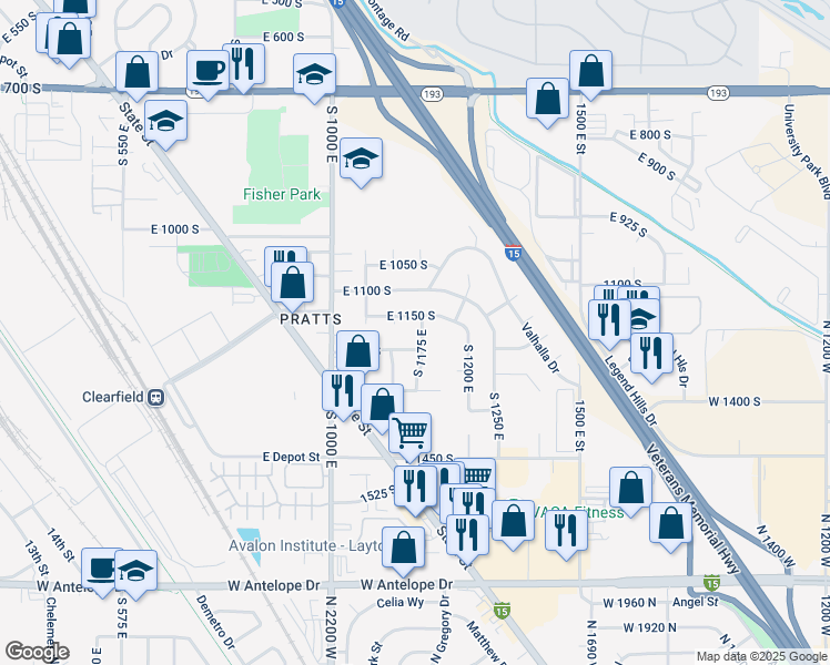 map of restaurants, bars, coffee shops, grocery stores, and more near 1168 South 1175 East in Clearfield