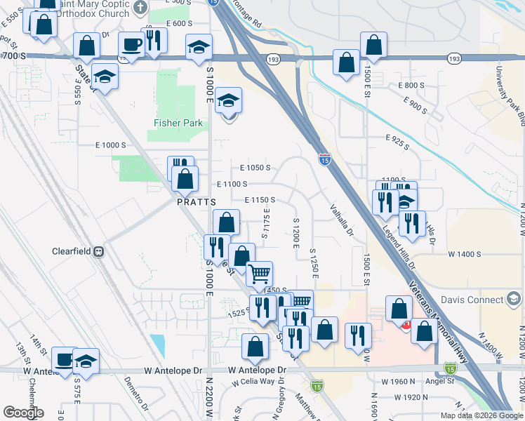 map of restaurants, bars, coffee shops, grocery stores, and more near 1168 South 1175 East in Clearfield