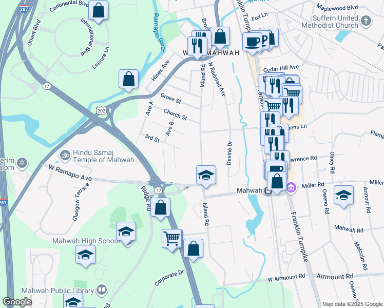 map of restaurants, bars, coffee shops, grocery stores, and more near 78 Island Road in Mahwah
