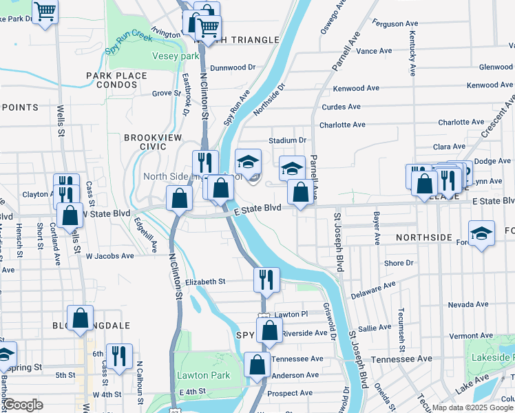 map of restaurants, bars, coffee shops, grocery stores, and more near 2322 Northside Drive in Fort Wayne