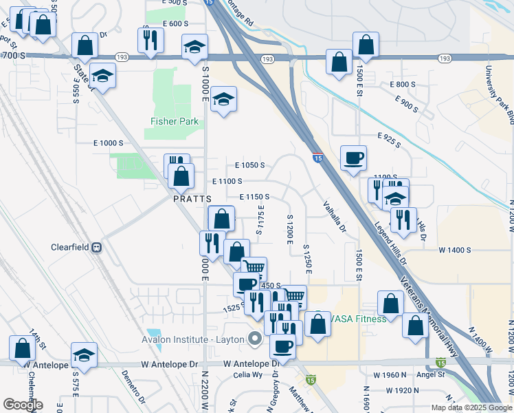 map of restaurants, bars, coffee shops, grocery stores, and more near 1168 South 1175 East in Clearfield
