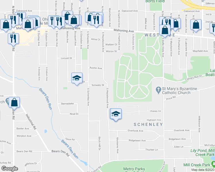 map of restaurants, bars, coffee shops, grocery stores, and more near 513 South Hazelwood Avenue in Youngstown