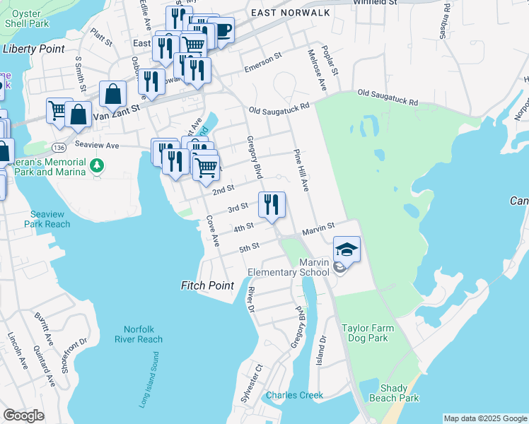 map of restaurants, bars, coffee shops, grocery stores, and more near 74 Gregory Boulevard in Norwalk