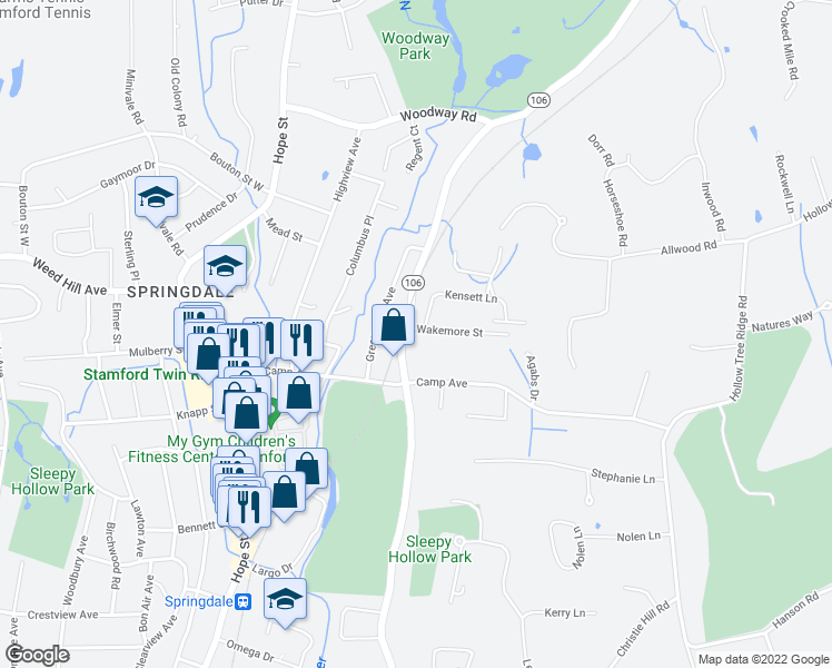 map of restaurants, bars, coffee shops, grocery stores, and more near 269 Hoyt Street in Darien