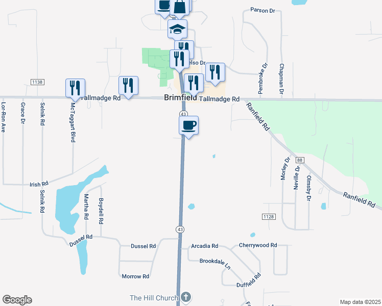 map of restaurants, bars, coffee shops, grocery stores, and more near 3956 Ohio 43 in Kent