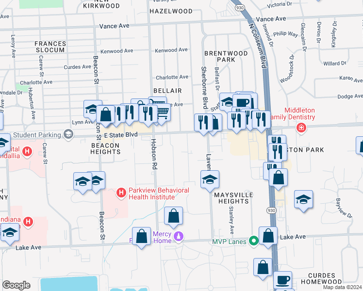 map of restaurants, bars, coffee shops, grocery stores, and more near 3320 East State Boulevard in Fort Wayne