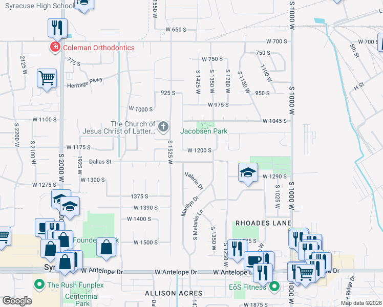 map of restaurants, bars, coffee shops, grocery stores, and more near 1437 West 1200 South in Clearfield