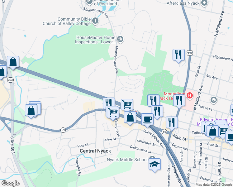 map of restaurants, bars, coffee shops, grocery stores, and more near 51 Mountainview Avenue in Nyack